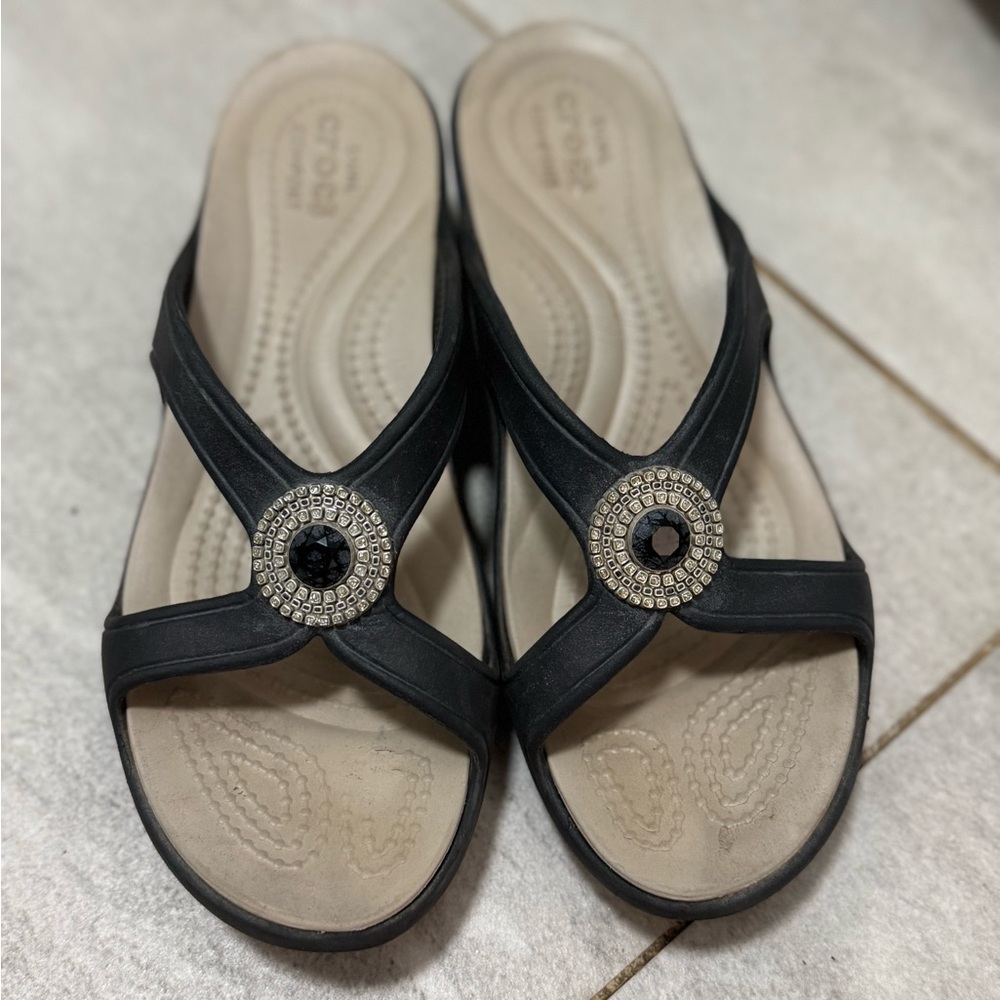 Crocs Women's Black Slide Sandals with Rhinestone Detail 6W